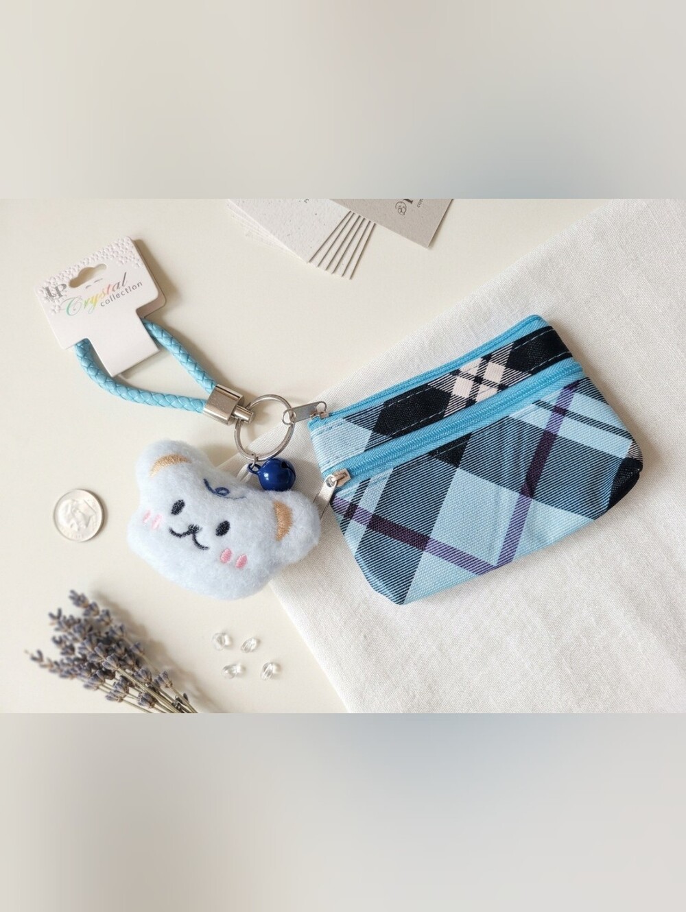 Blue Plaid Mini Coin Purse with Plush Bear Keychain
